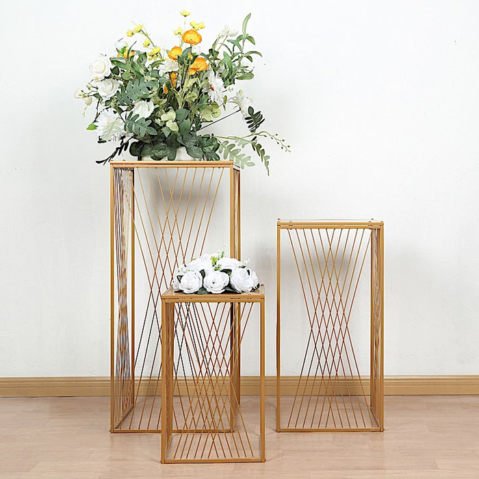 3 Metal Pedestal Stands with Geometric Crossed Lines Pattern - Gold