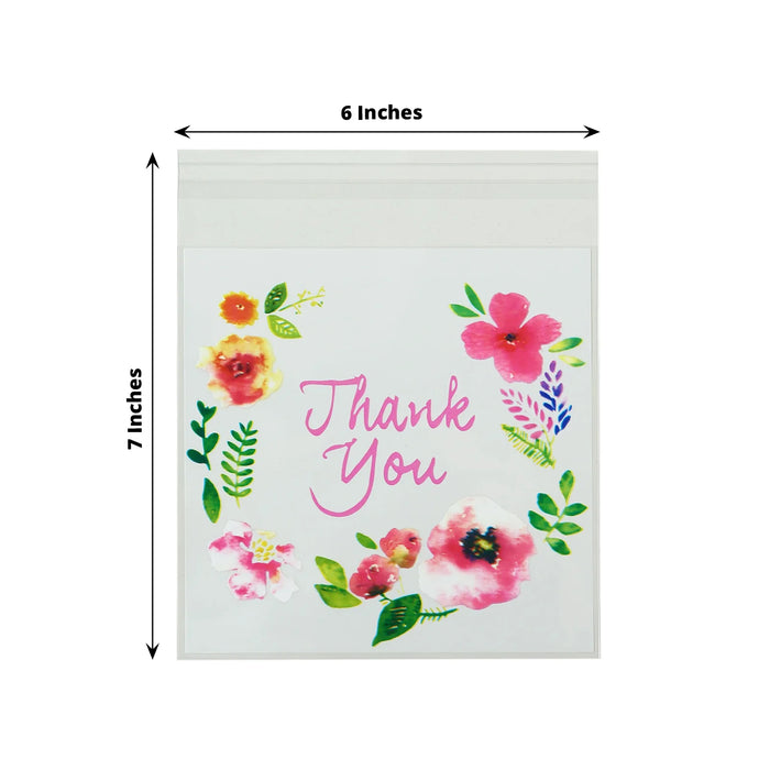 100 PVC Cookie Candy Bags With "Thank You" Floral Print - Clear and White