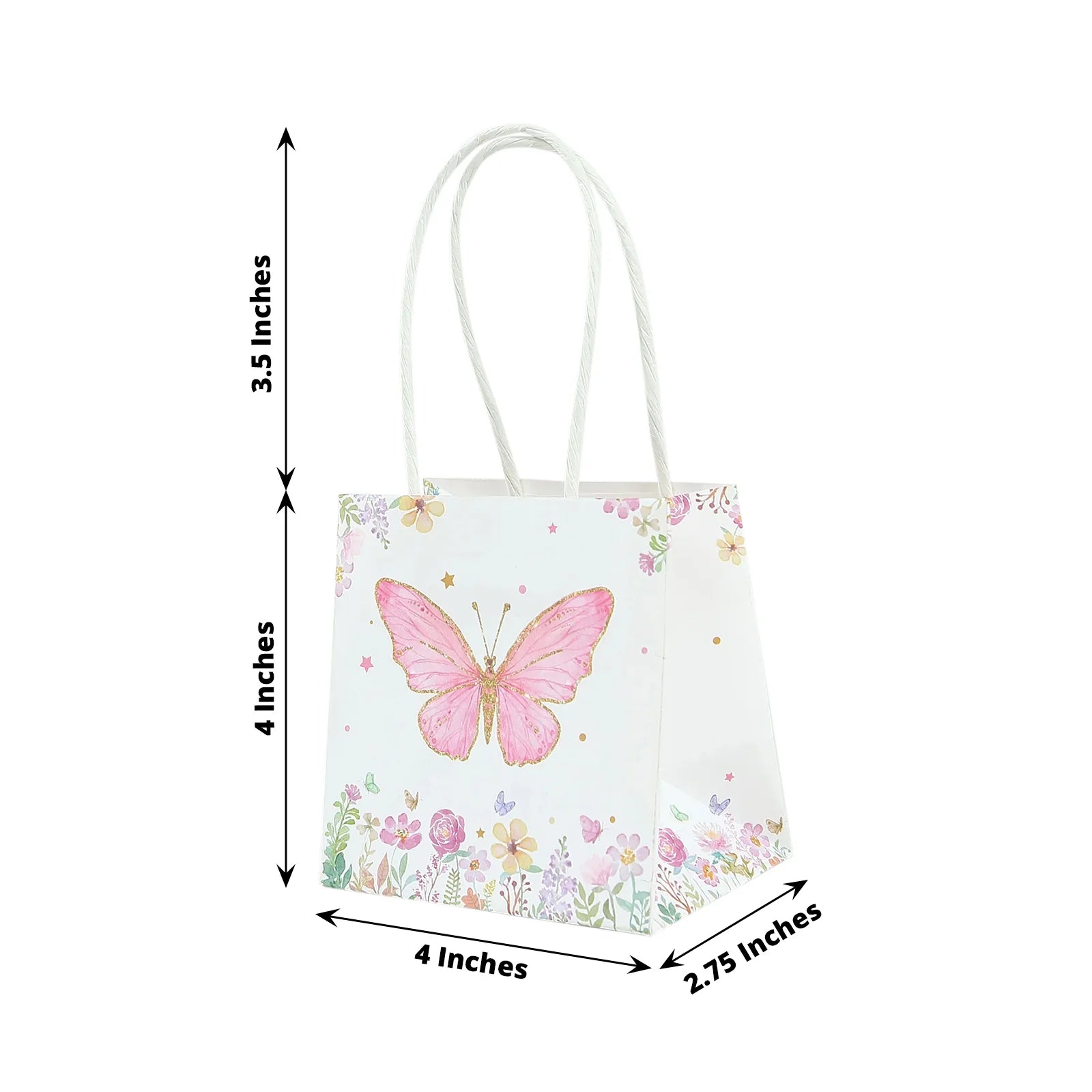 12 Glitter Butterfly Paper Gift Bags with Handles - Pink and White