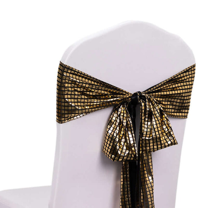 5 Polyester Chair Sashes with Mirror Foil Design - Black and Gold