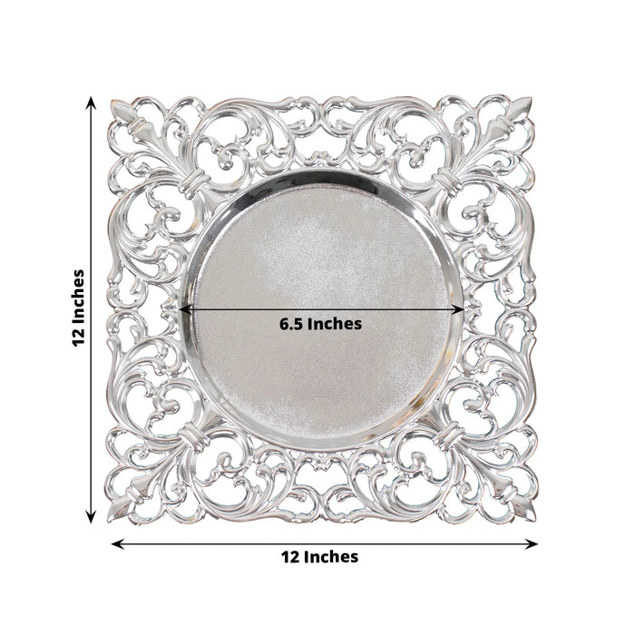 6 Square 12" Vintage Acrylic Dinner Charger Plates with Hollow Lace Borders