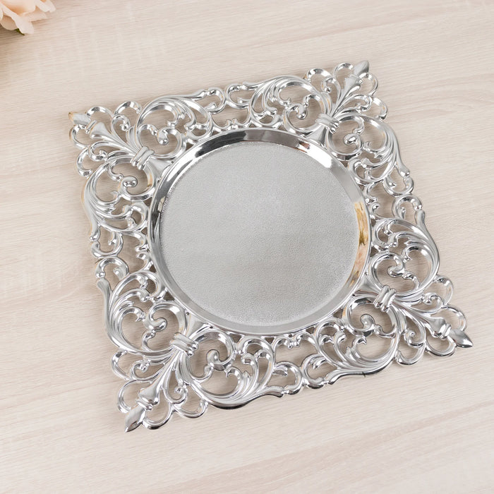 6 Square 12" Vintage Acrylic Dinner Charger Plates with Hollow Lace Borders