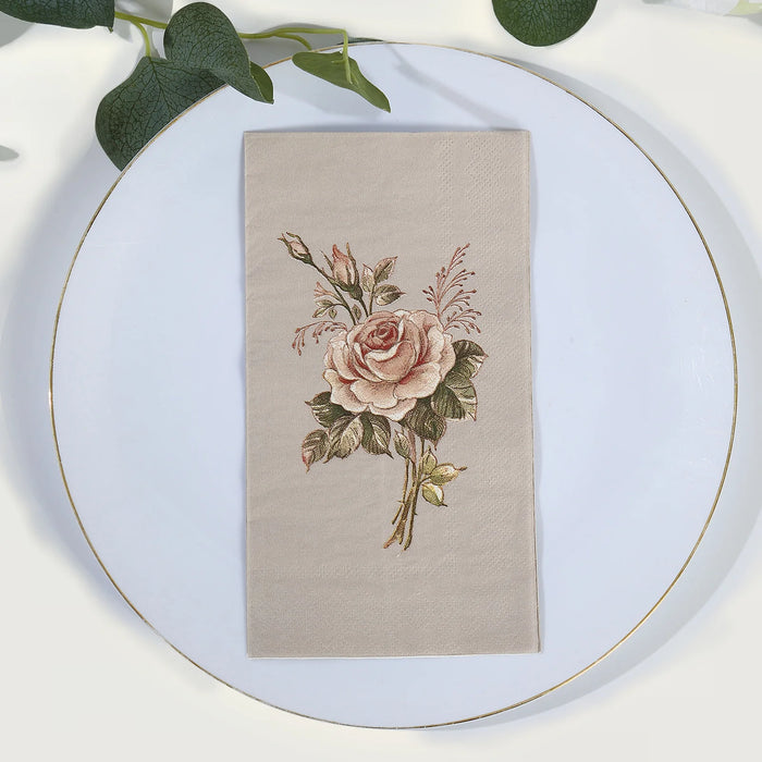 20 Paper Disposable Dinner Napkins with Rose Print - Pink and Ivory