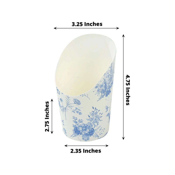 50 Paper Popcorn Box Cone Cups with French Toile Floral Pattern- White and Blue