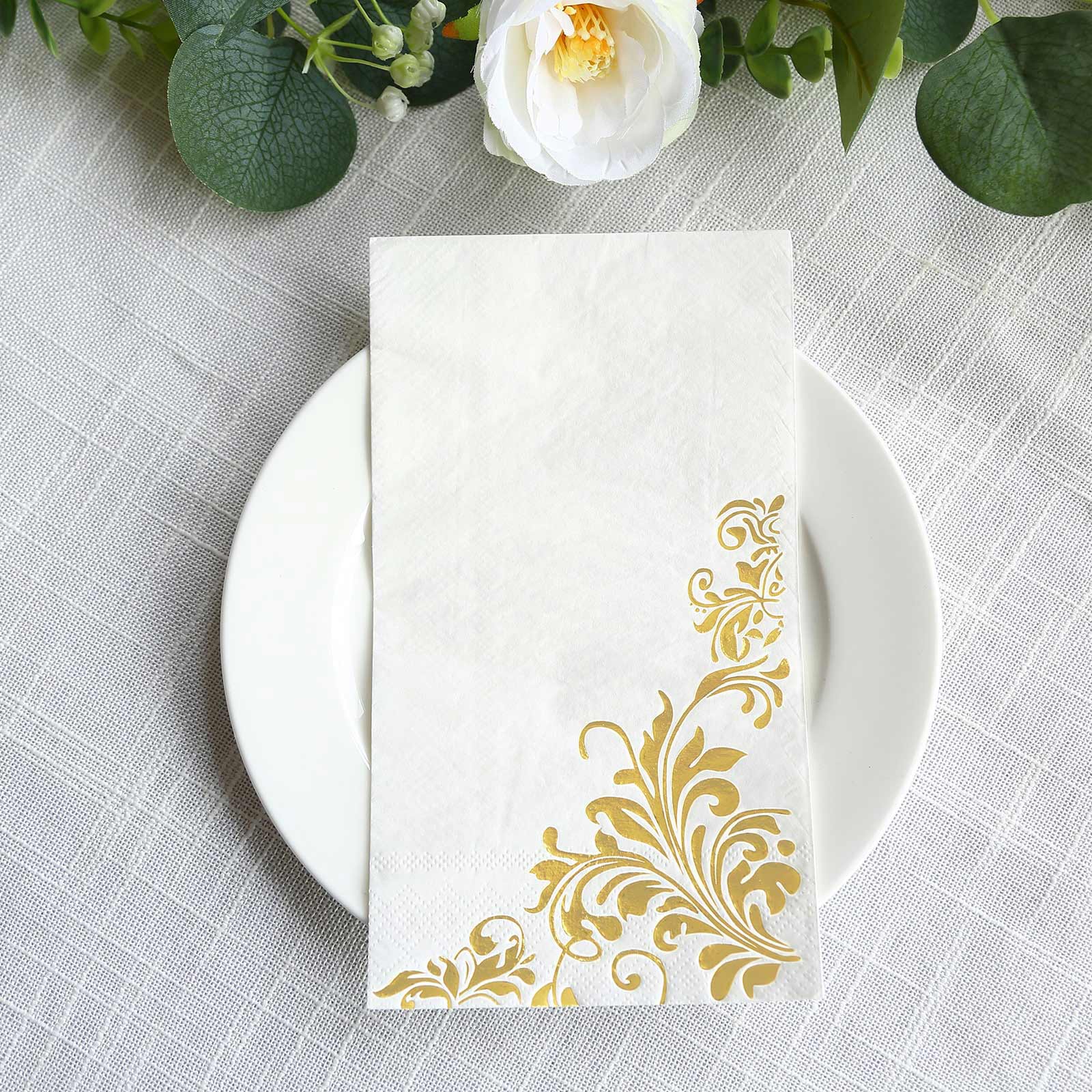 50 Dinner Paper Napkins with Baroque Floral Print - White and Gold