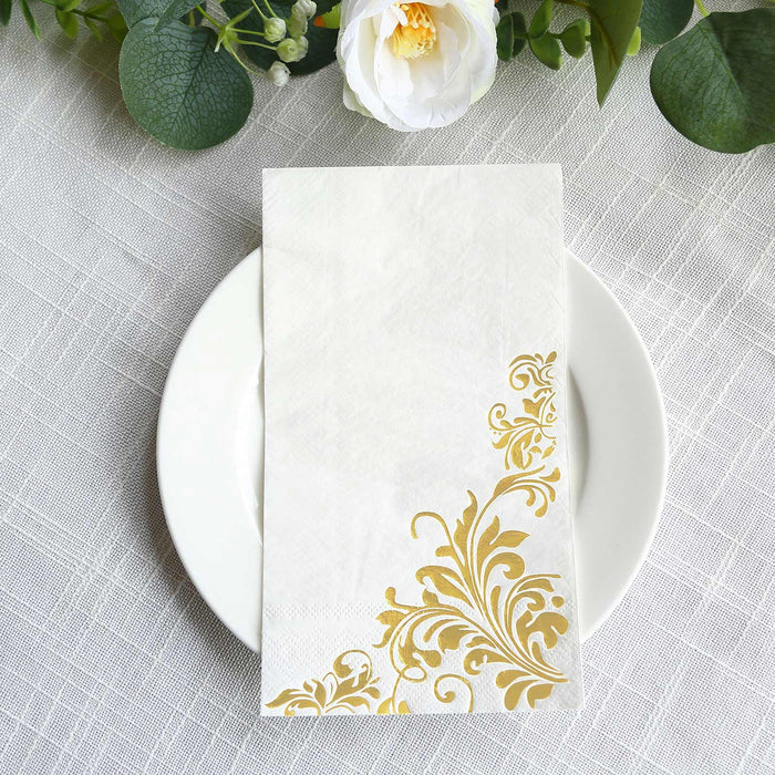 50 Dinner Paper Napkins with Baroque Floral Print - White and Gold