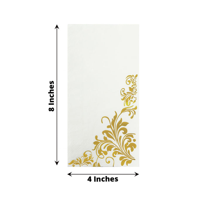 50 Dinner Paper Napkins with Baroque Floral Print - White and Gold