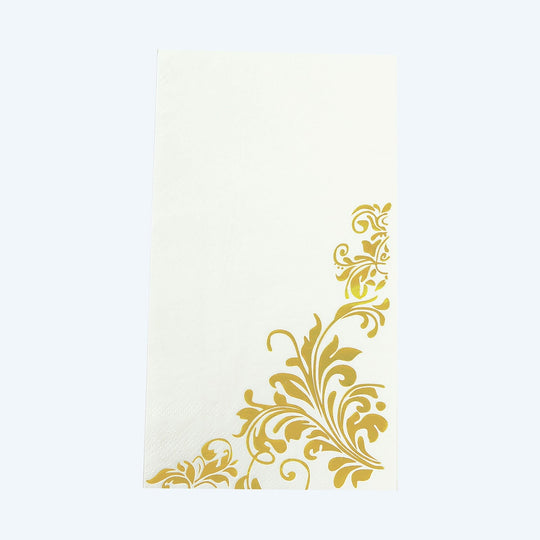 50 Dinner Paper Napkins with Baroque Floral Print - White and Gold