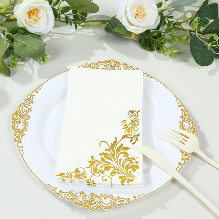 50 Dinner Paper Napkins with Baroque Floral Print - White and Gold