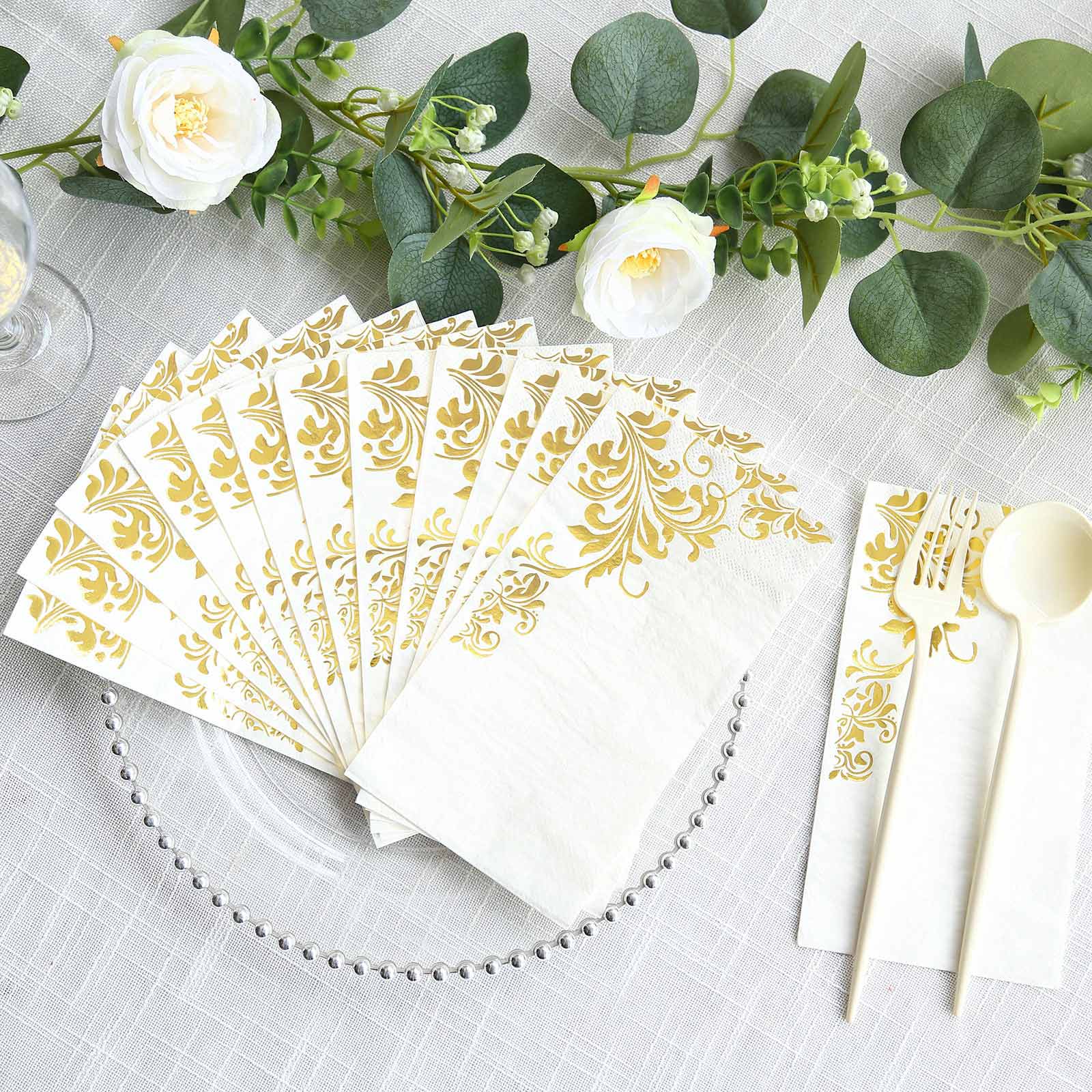 50 Dinner Paper Napkins with Baroque Floral Print - White and Gold