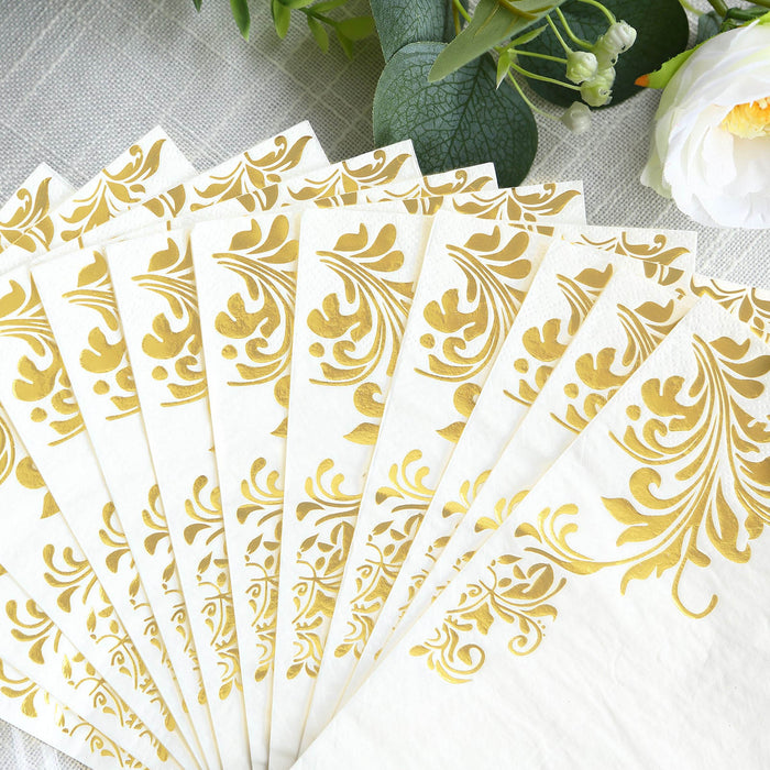 50 Dinner Paper Napkins with Baroque Floral Print - White and Gold