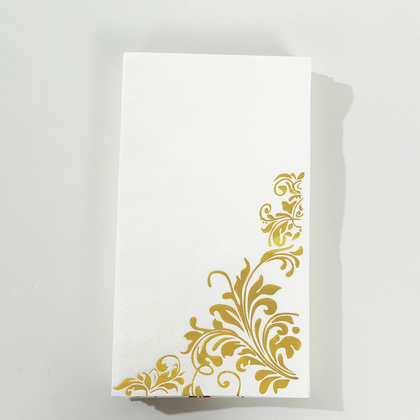 50 Dinner Paper Napkins with Baroque Floral Print - White and Gold