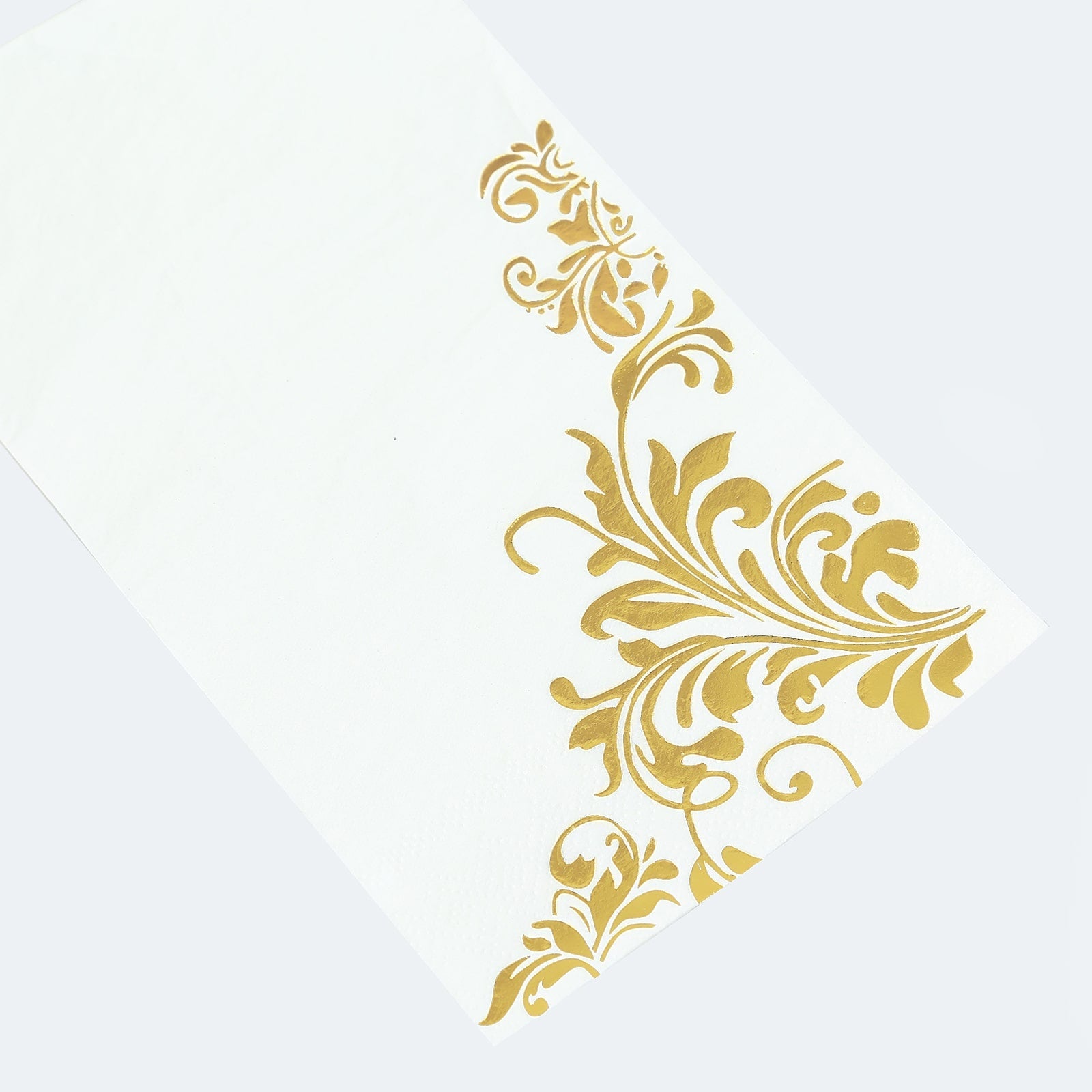 50 Dinner Paper Napkins with Baroque Floral Print - White and Gold