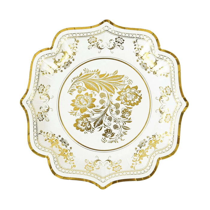 25 White Paper Dinner Plates with Blue Floral Print and Scalloped Rim - Disposable Tableware