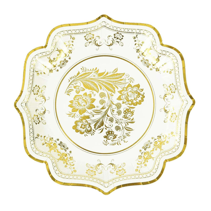 25 White Paper Dinner Plates with Blue Floral Print and Scalloped Rim - Disposable Tableware