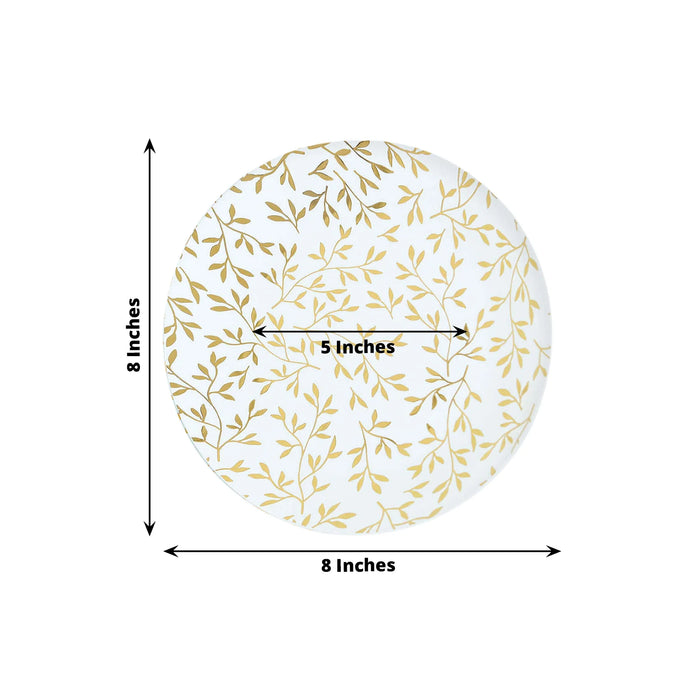 10 Round Plastic Salad Dessert Plates with Gold Leaf Design - White