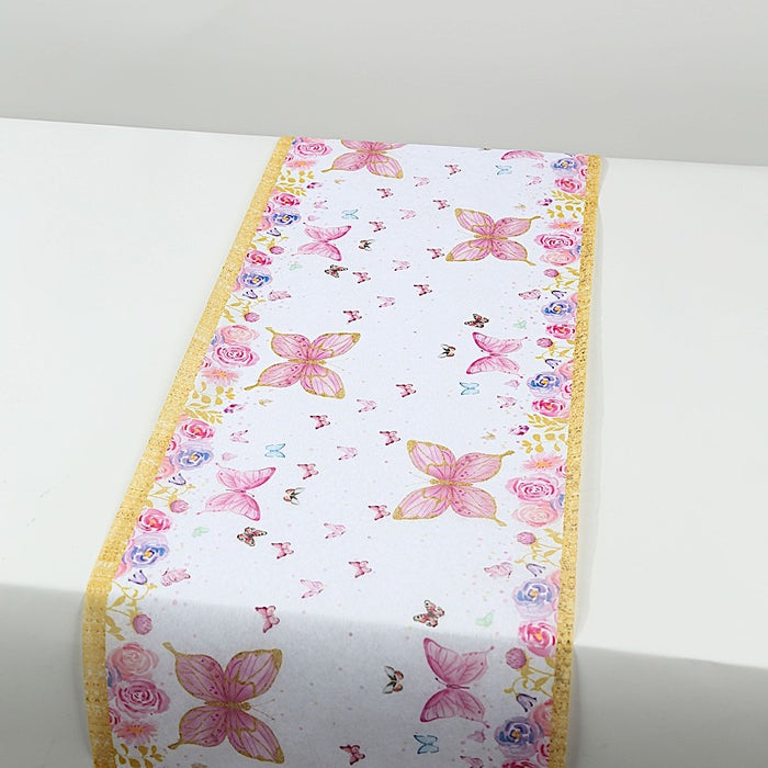 11" x 108" Non-Woven Butterfly Floral Table Runners with Gold Edges - White and Pink