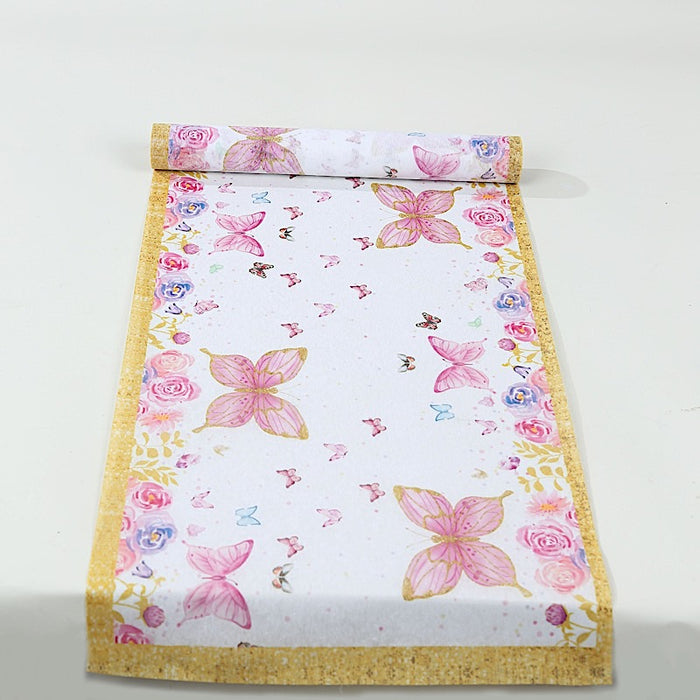 11" x 108" Non-Woven Butterfly Floral Table Runners with Gold Edges - White and Pink