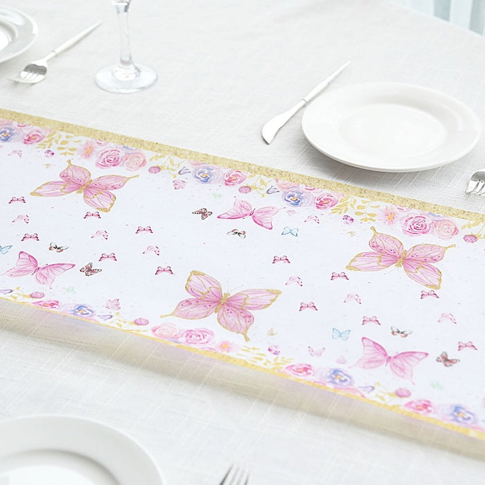 11" x 108" Non-Woven Butterfly Floral Table Runners with Gold Edges - White and Pink