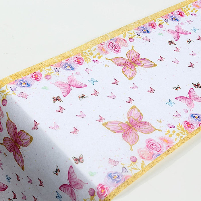 11" x 108" Non-Woven Butterfly Floral Table Runners with Gold Edges - White and Pink