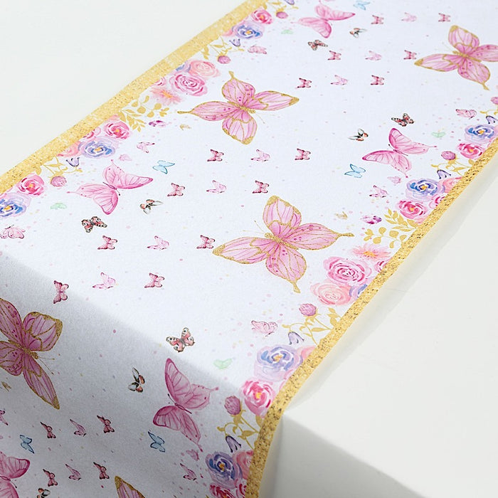 11" x 108" Non-Woven Butterfly Floral Table Runners with Gold Edges - White and Pink