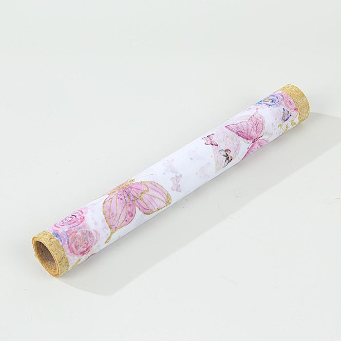 11" x 108" Non-Woven Butterfly Floral Table Runners with Gold Edges - White and Pink