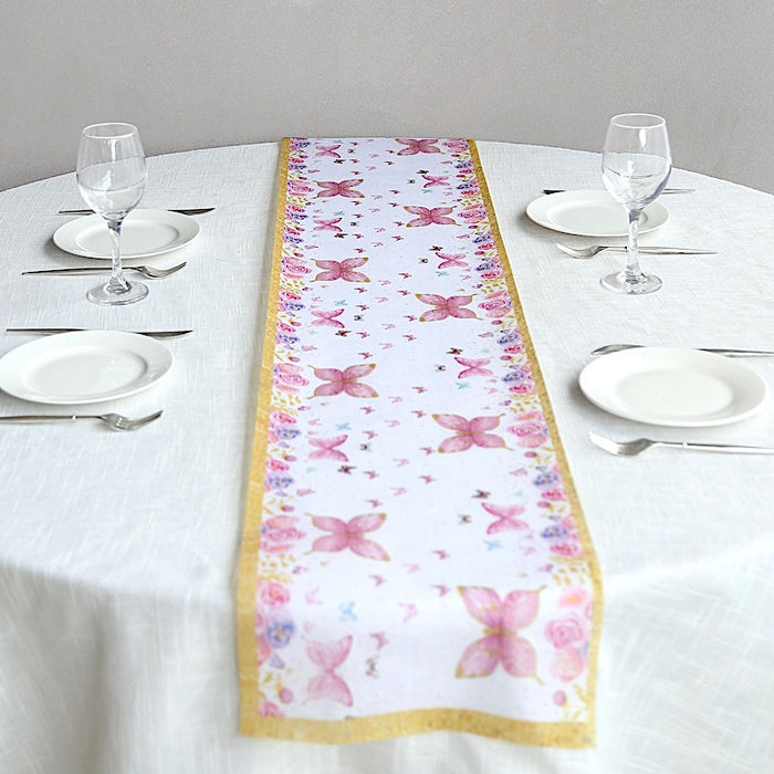 11" x 108" Non-Woven Butterfly Floral Table Runners with Gold Edges - White and Pink