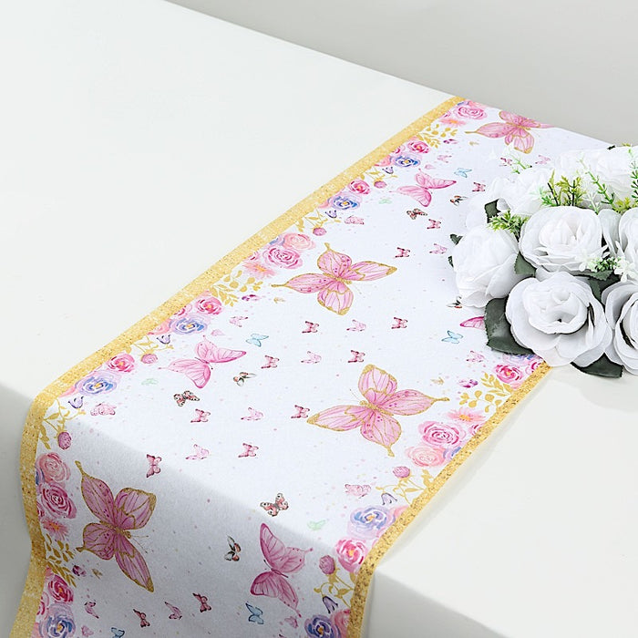 11" x 108" Non-Woven Butterfly Floral Table Runners with Gold Edges - White and Pink