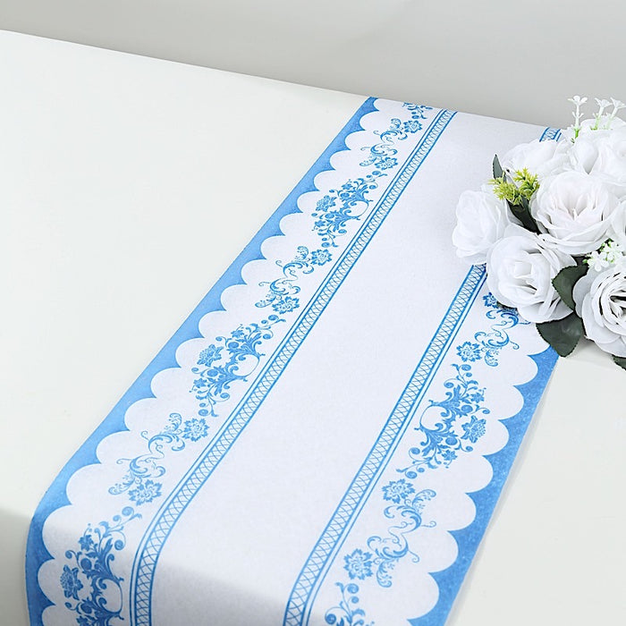 11" x 108" Bordered Style Non-Woven Table Runners with Ornate Floral Prints - White and Blue