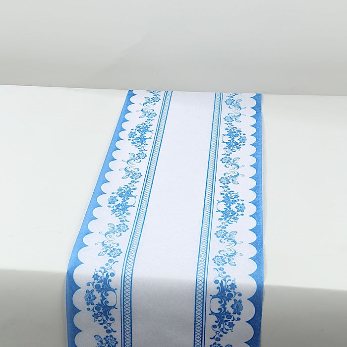 11" x 108" Bordered Style Non-Woven Table Runners with Ornate Floral Prints - White and Blue