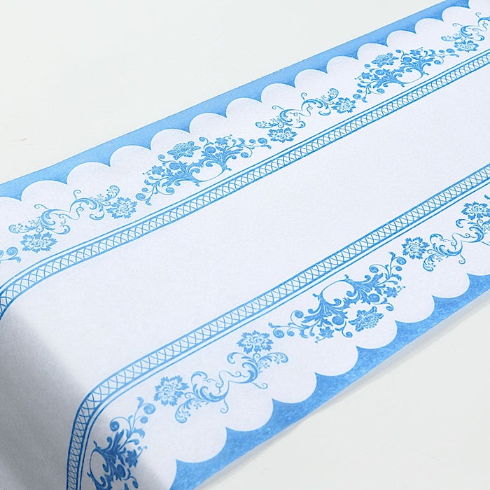 11" x 108" Bordered Style Non-Woven Table Runners with Ornate Floral Prints - White and Blue