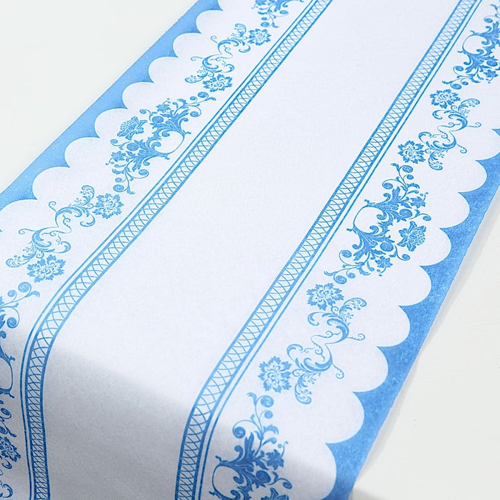 11" x 108" Bordered Style Non-Woven Table Runners with Ornate Floral Prints - White and Blue