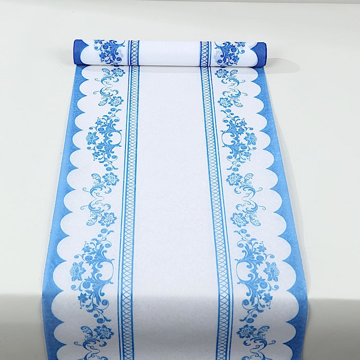 11" x 108" Bordered Style Non-Woven Table Runners with Ornate Floral Prints - White and Blue