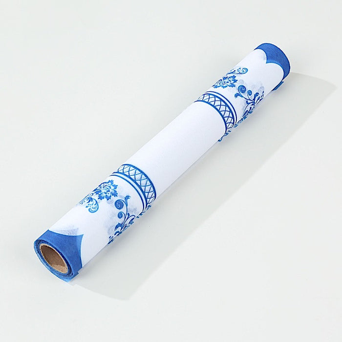 11" x 108" Bordered Style Non-Woven Table Runners with Ornate Floral Prints - White and Blue