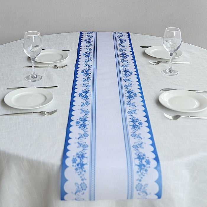 11" x 108" Bordered Style Non-Woven Table Runners with Ornate Floral Prints - White and Blue