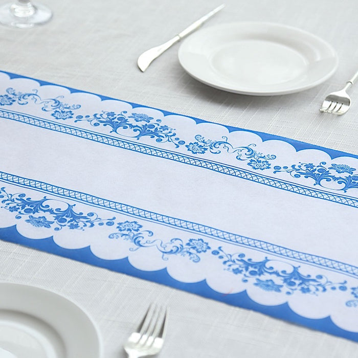 11" x 108" Bordered Style Non-Woven Table Runners with Ornate Floral Prints - White and Blue