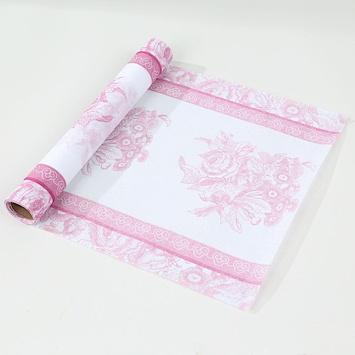 11" x 108" Floral Pattern Non-Woven Table Runners with Ornate Borders - White and Pink