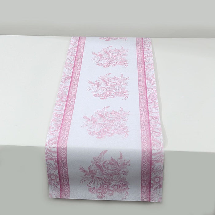 11" x 108" Floral Pattern Non-Woven Table Runners with Ornate Borders - White and Pink