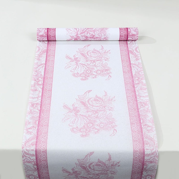 11" x 108" Floral Pattern Non-Woven Table Runners with Ornate Borders - White and Pink