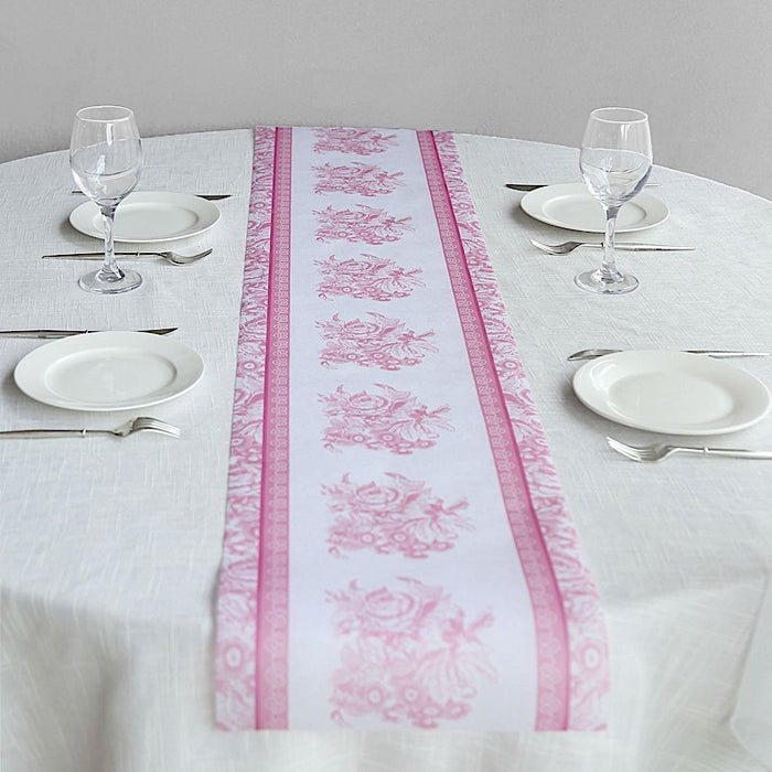 11" x 108" Floral Pattern Non-Woven Table Runners with Ornate Borders - White and Pink