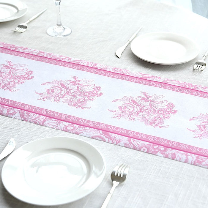 11" x 108" Floral Pattern Non-Woven Table Runners with Ornate Borders - White and Pink