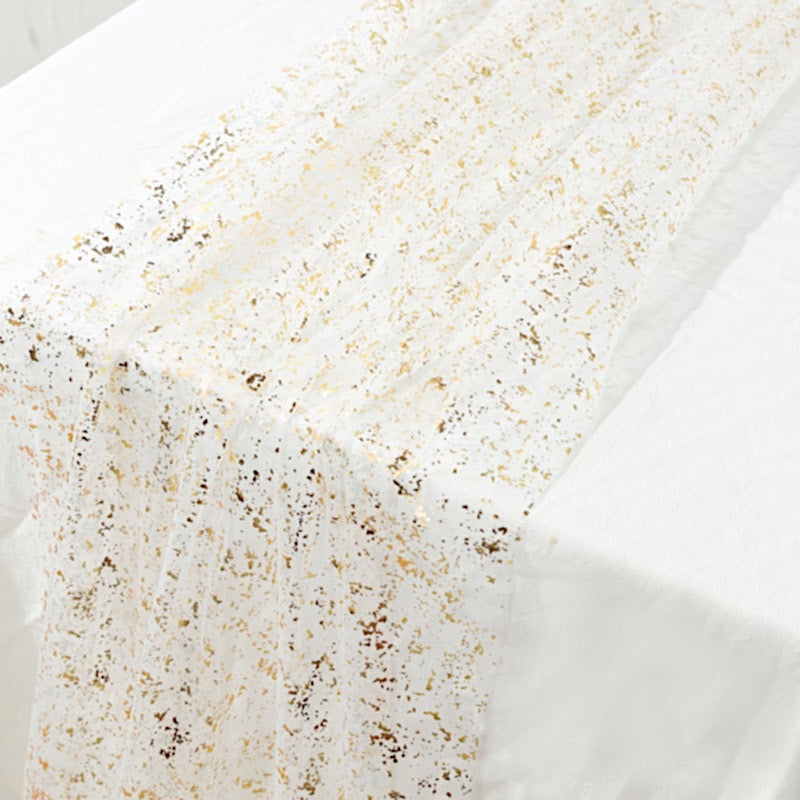 10 ft Metallic Glitter Sheer Chiffon Table Runner - White and Gold