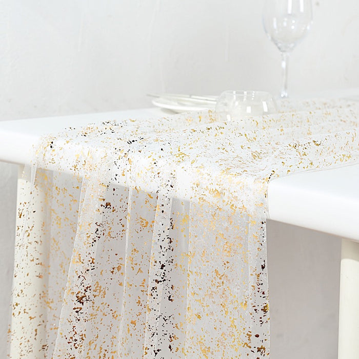 10 ft Metallic Glitter Sheer Chiffon Table Runner - White and Gold