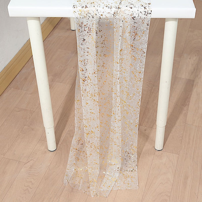 10 ft Metallic Glitter Sheer Chiffon Table Runner - White and Gold