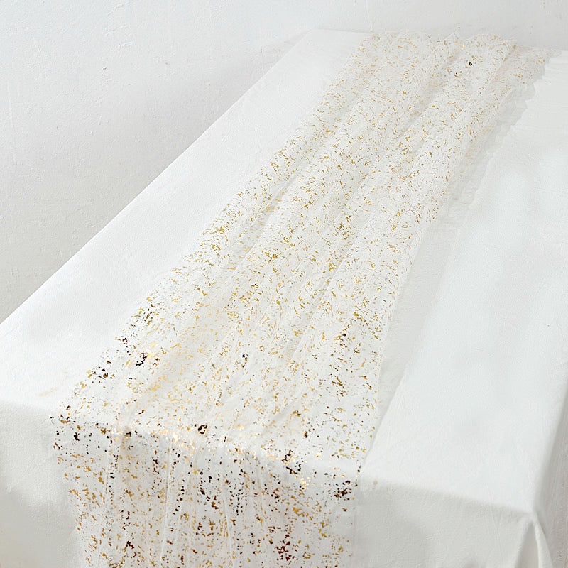 10 ft Metallic Glitter Sheer Chiffon Table Runner - White and Gold