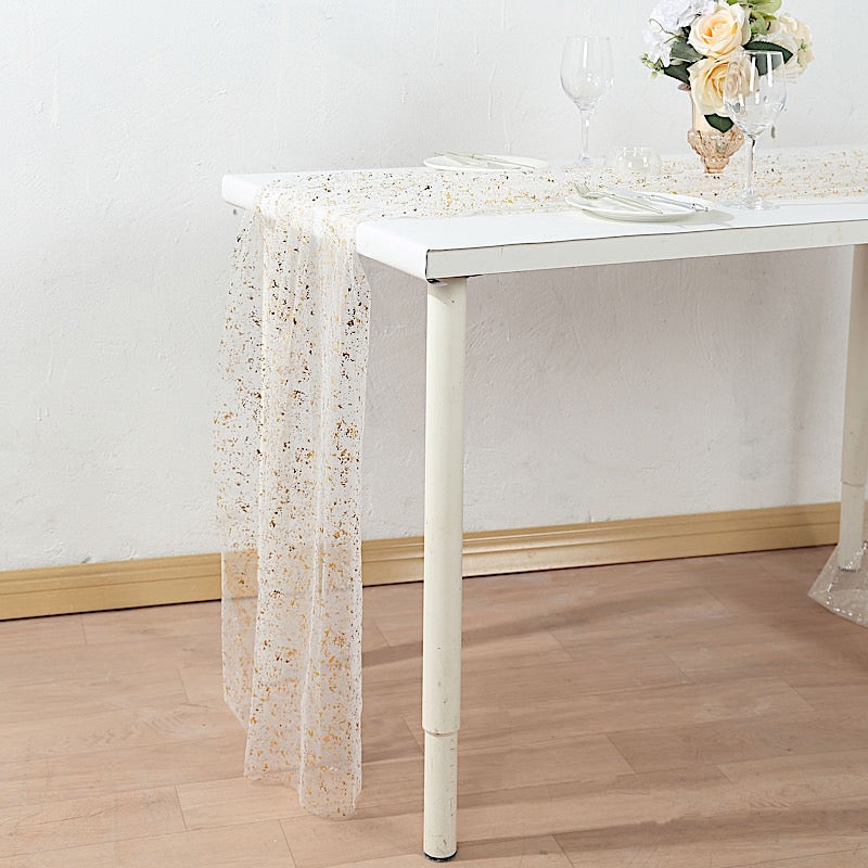 10 ft Metallic Glitter Sheer Chiffon Table Runner - White and Gold