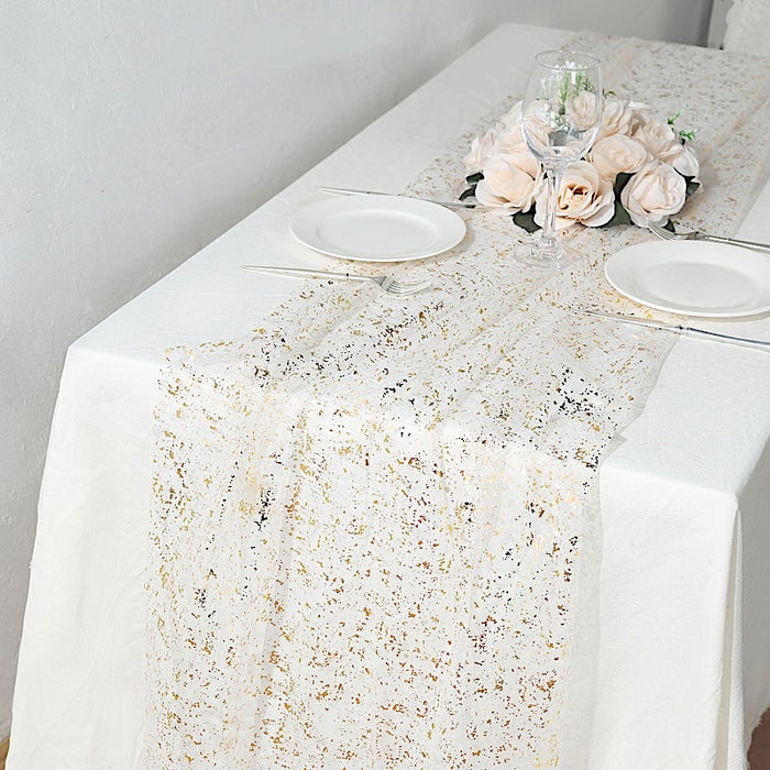 10 ft Metallic Glitter Sheer Chiffon Table Runner - White and Gold