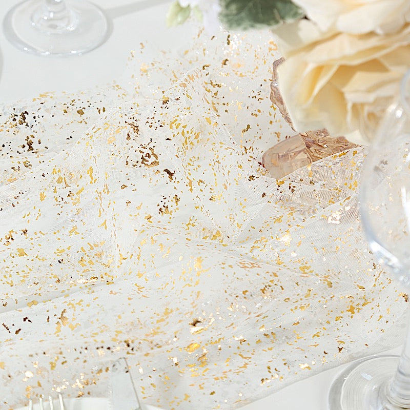 10 ft Metallic Glitter Sheer Chiffon Table Runner - White and Gold