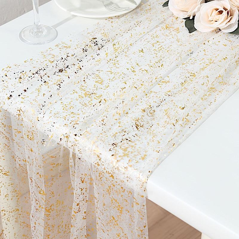 10 ft Metallic Glitter Sheer Chiffon Table Runner - White and Gold