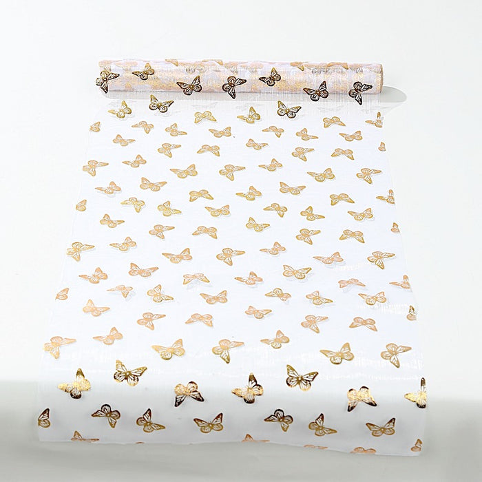 5 Sheer Organza Table Runners with Metallic Foil Butterfly Motifs - White and Gold